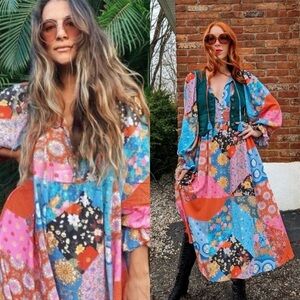 SPELL Cha Cha Boho Patchwork Print Peasant Midi Dress in Multicolor